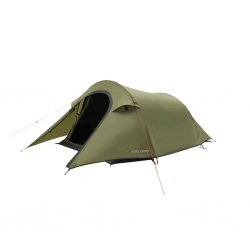 Reindal 3 tunnel tent diagonally from the front with open entrance, showing entrance and vestibule for storage.
