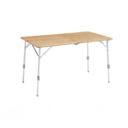 Folding camping table with wooden board and adjustable legs and feet.