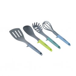 Almada kitchen utensils from Outwell, pasta ladle, serving spoon, frying pan and whisk