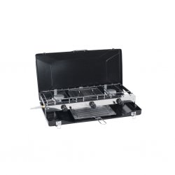 Gas stove for camping and outdoor activities with two burners and grill.