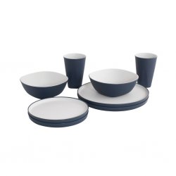 Break-resistant dinner set that is stackable and has a small pack size
