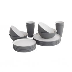 Break-resistant dinner set that is stackable and has a small pack size