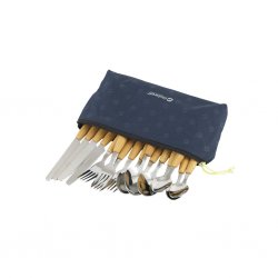 Stainless steel cutlery set for four people in transport packaging.