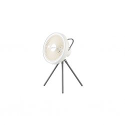A lightweight, rechargeable fan with powerful air circulation, bright LED light, and multiple placement options.