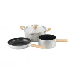 Pack-friendly larger cookware set for camping with tents, caravans and motorhomes.