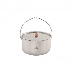 Stainless steel pot for cooking over open fire.