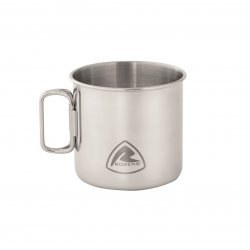 Stainless steel coffee mug with folding handles.