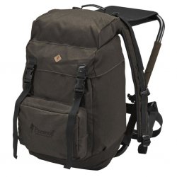 Backpack for hunting and fishing with built-in stool made of water-resistant material with a soft seat in neoprene.