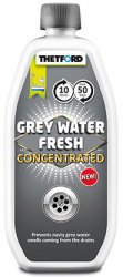 Thetford Gray Water Fresh removes unpleasant odors and cleans the drainage system and gray water tank.