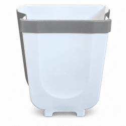 Compact and durable waste bin made from sturdy plastic. The foldable design takes up minimal space when stored and holds up to 9
