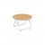 Folding camping table with wooden board and adjustable legs and feet.