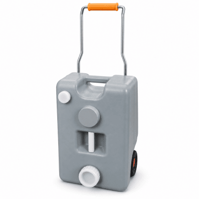 Waste water tank with wheels and handle for easy handling of waste water from your caravan or motorhome.