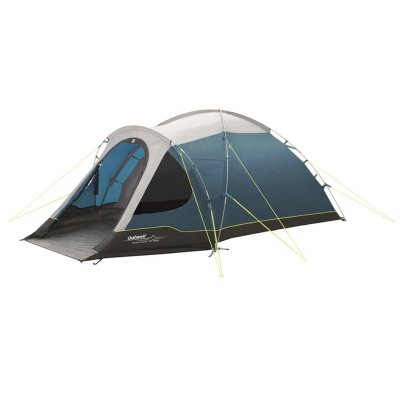 Outwell Cloud 3 is a three-person dome tent with a large porch area and a darkened bedroom.