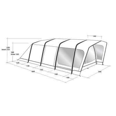 Dimensional drawing for Outwell Hayward Lake 6ATC family tent.