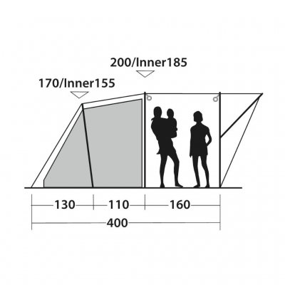 Elevation drawing for the living room and the sleeping cabin for Outwell Lawndale 4 family tent.