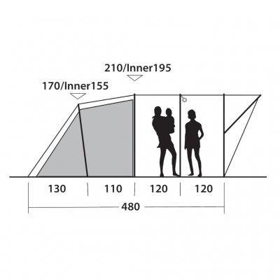 Elevation drawing for the living room and the sleeping cabin for Outwell Sky 6 family tent.