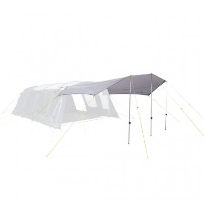 The tarp can be attached to the front of the tent to create a protected surface in front of the tent.
