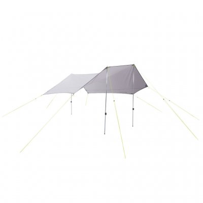 The tarp can be attached to the tent in different ways.