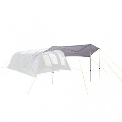 The tarp can be attached to the front of the tent to create a protected surface in front of the tent.