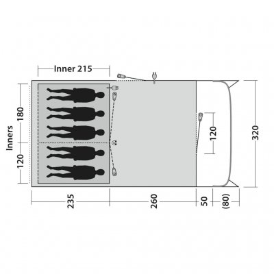 Floor plan for the family tent Outwell Denver 5. Features two bedrooms with space for 2 and 3 people respectively.