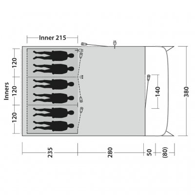 Floor plan for the family tent Outwell Denver 6. Features two bedrooms, each accommodating 3 people.