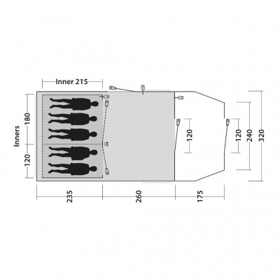 Floor plan Outwell Phoenix 5 family tent with space for 5 people in 2 bedrooms.