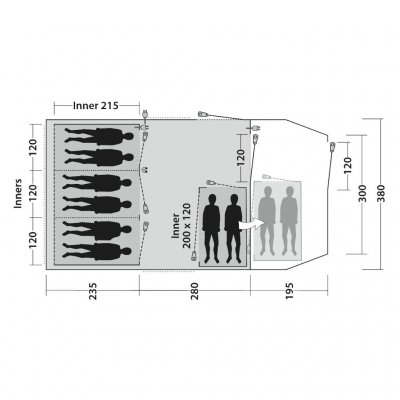 Floor plan Outwell Phoenix 6+2 family tent with space for 5 people in 2 bedrooms.