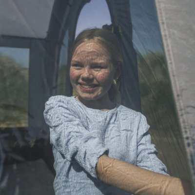 Mosquito net door on the tent provides extra ventilation.