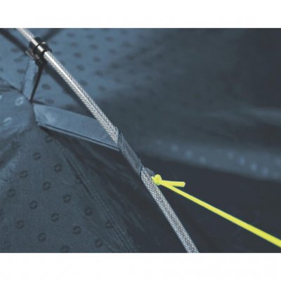 The poles goes outside the tent via 3 tentpole tubes