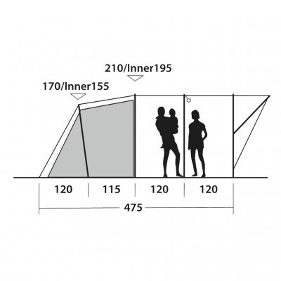 Elevation drawing for the living room and sleeping cabin for the Outwell Sky 6 family tent.