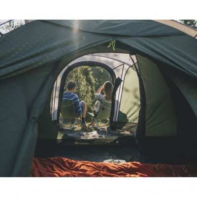 Outwell Cloud 3 seen from the rear with the doors open shows the spacious sleeping cabin and awning - perfect for enjoying the o