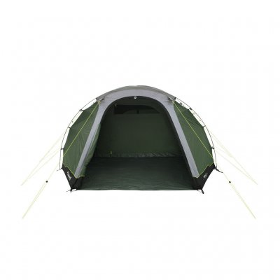 The tent stands stable and is easily accessible via the large open main entrance.