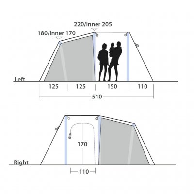 Height measurements for the Outwell Montana 4 Air family tent.