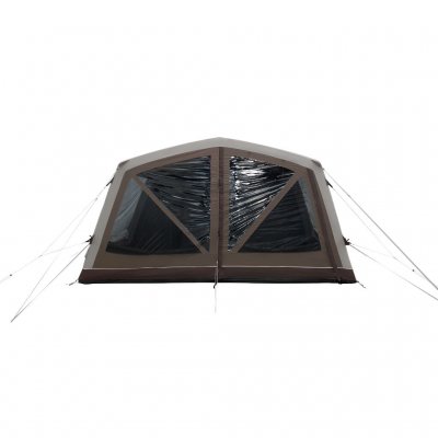 From the front, the tent's closed front is visible, providing full weather protection and creating a cozy and safe camping envir