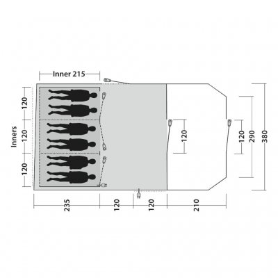 Layout of the Outwell Carolina 6 family tent. Features three bedrooms, each sleeping two people.