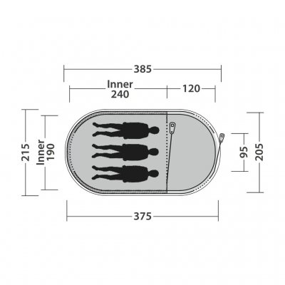 Floor plan with three sleeping spaces for the Outwell Nexion 3 Forest camping tent.