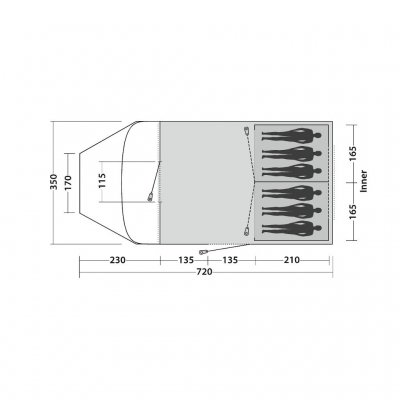 Planning solution for the Easy Camp Palmdale 600 Lux family tent. Two living rooms and two bedrooms.