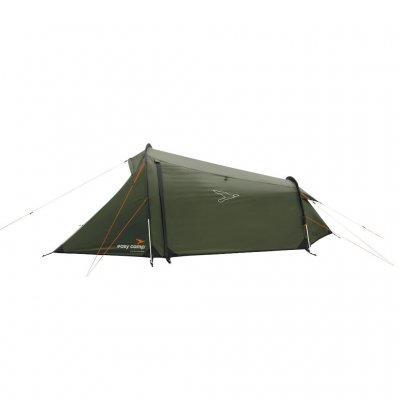 Two-man tent seen from the side with the door closed. Compact, stable design with weather protection and ventilation at the fron