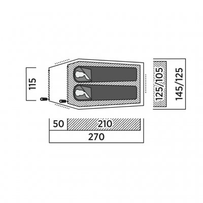 Reindal 2 tunnel tent floor plan with dimensions, showing inner tent, vestibule and total size.