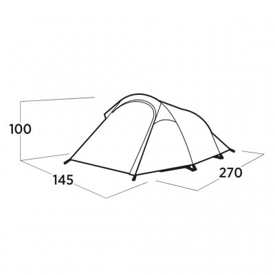Reindal 2 tunnel tent dimensional drawing, showing the length, width, height and vestibule size of the tent.