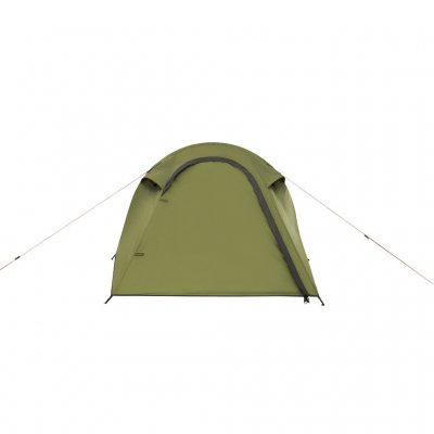 Reindal 2 tunnel tent straight from the front with the door closed, showing the front of the tent and ventilation.