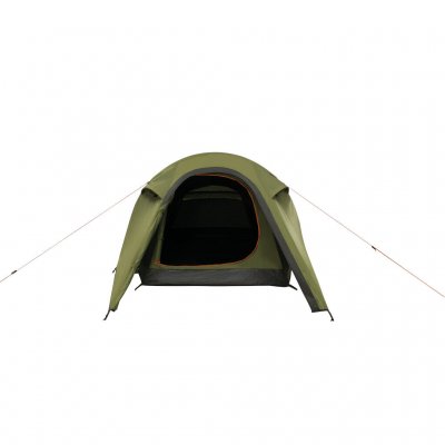 Reindal 2 tunnel tent straight from the front with open door, showing entrance, vestibule and sleeping cabin.