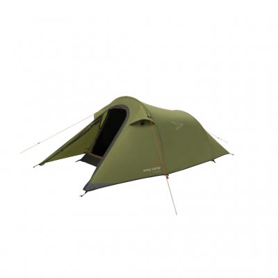 Reindal 2 tunnel tent diagonally from the front with open entrance, showing entrance and vestibule for storage.