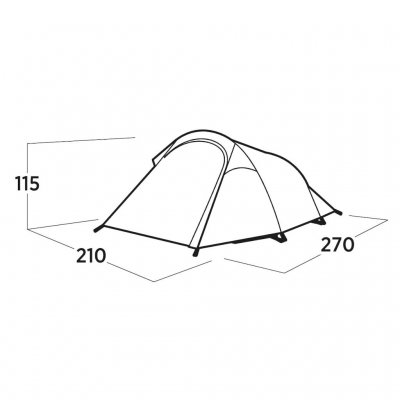 Reindal 3 tunnel tent dimensional drawing, showing the length, width, height and vestibule size of the tent.