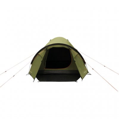 Setesdal 2 dome tent straight from the front with the door open, showing the entrance, vestibule and sleeping cabin.