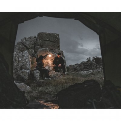 Setesdal 2 dome tent, view out from the sleeping cabin towards a scenic environment through the open tent opening.