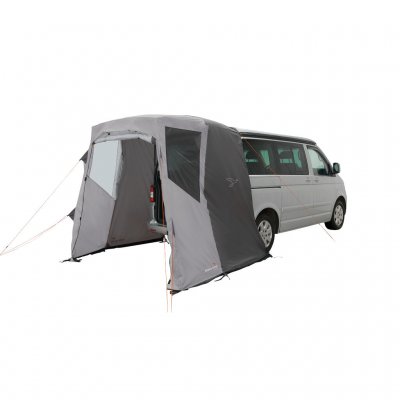 Easy Camp Krossbu seen from an angle with the door open – easy access and the option to use the door as a sun canopy