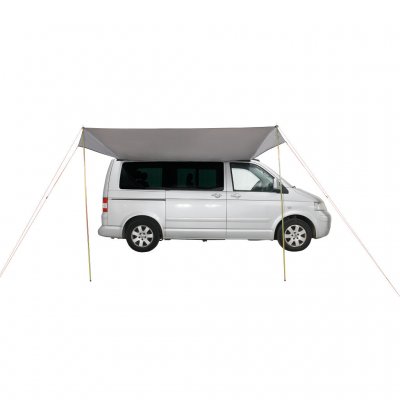 Pole attachment points with guylines provide a stable sun canopy.