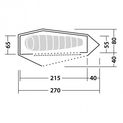 Tältets planlösning med sovkabin, en mindre absid för packning.