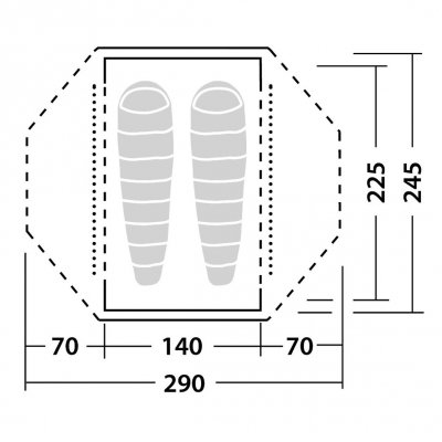 Planskiss för Robens Lodge 2 kupoltält.